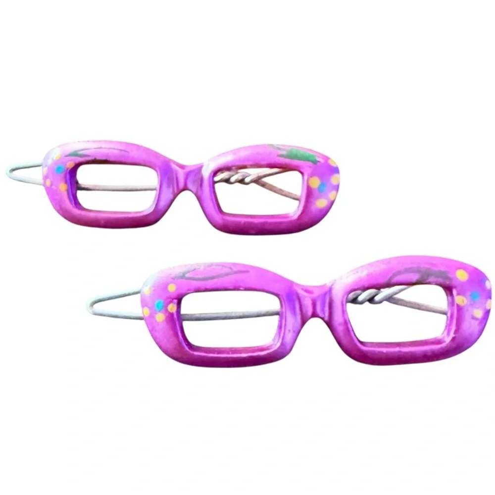 Vintage Cateye Glasses Barrettes Hair Clips, Hand‎ Painted Pink, Deadstock, 2”